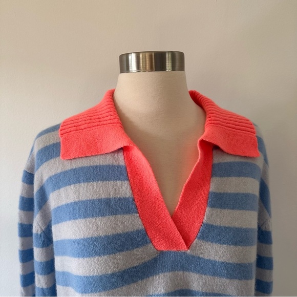 New NWOT Jumper 1234 100% Cashmere Sweater Striped Blue Neon Collar - Picture 2 of 8